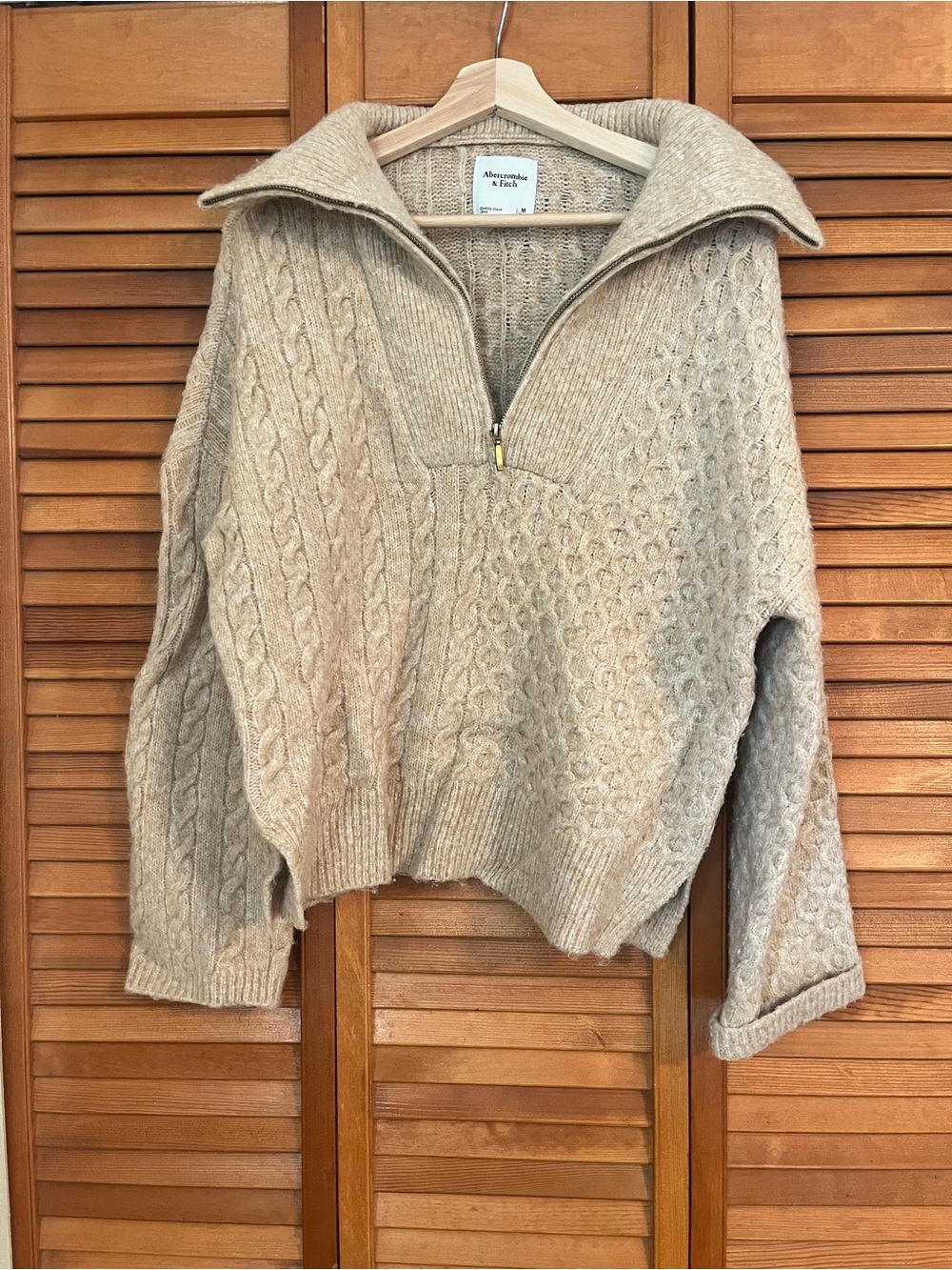 Abercrombie & Fitch Women's Neutral Beige Cable Knit Half-Zip Turtleneck Sweater